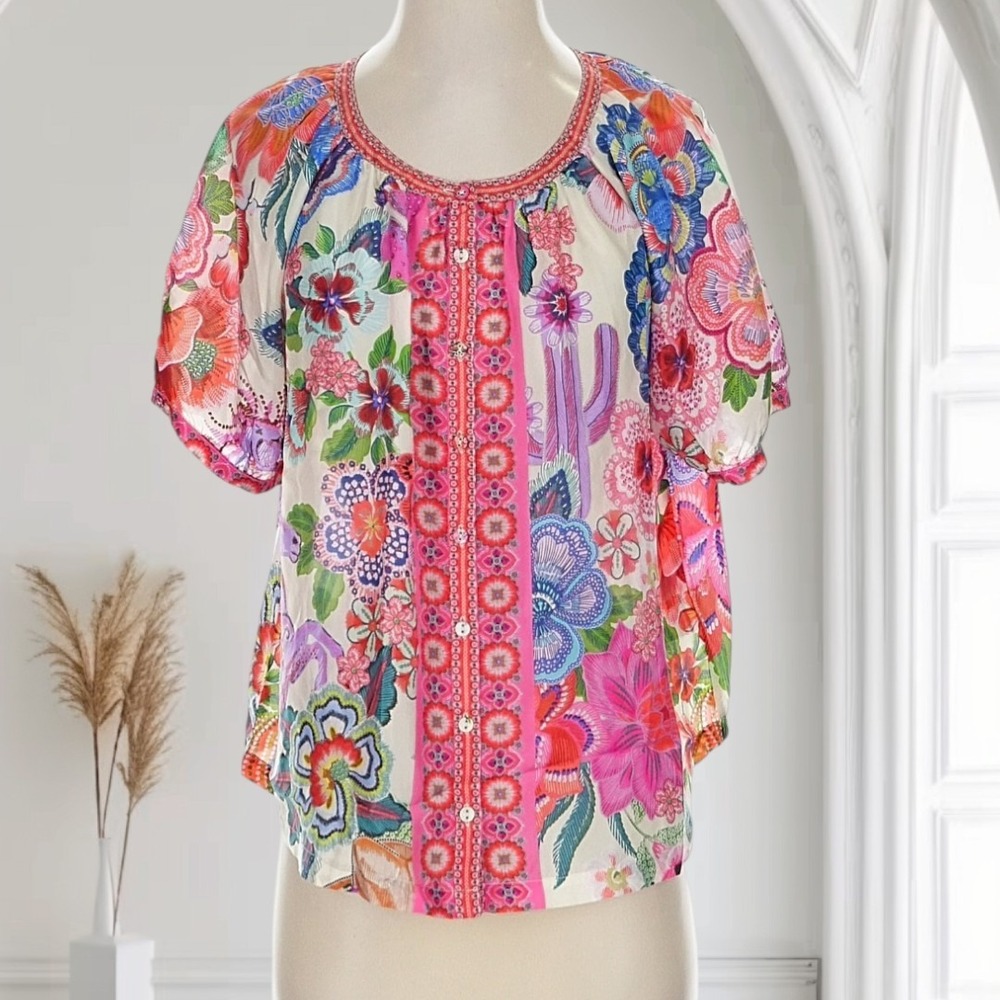 Johnny Was Avah Floral Silk Blouse Women's XS Relaxed Boho Preppy